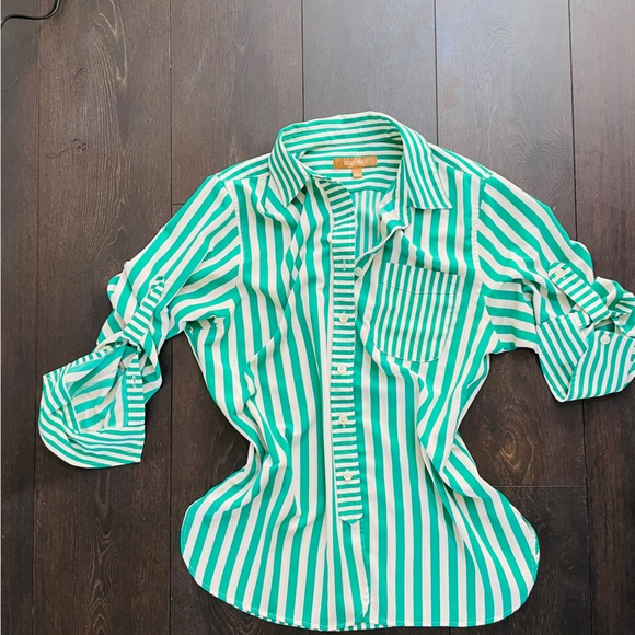 Ellen Tracy Striped White and Green Oversized Button Down Shirt - Picture 4 of 11